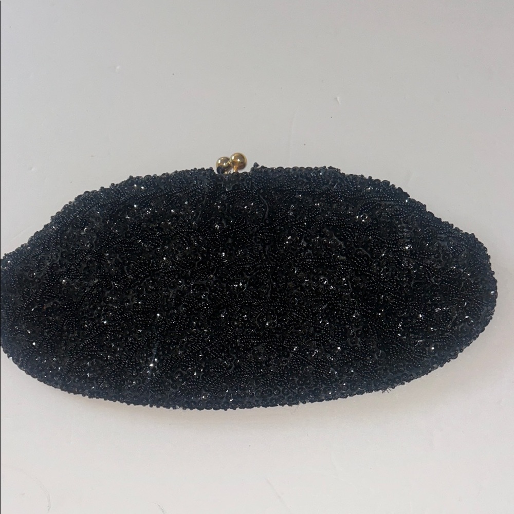 Vintage Black Beaded Clutch – Pearl & Rhinestone Kiss-Lock | Glam | Formal